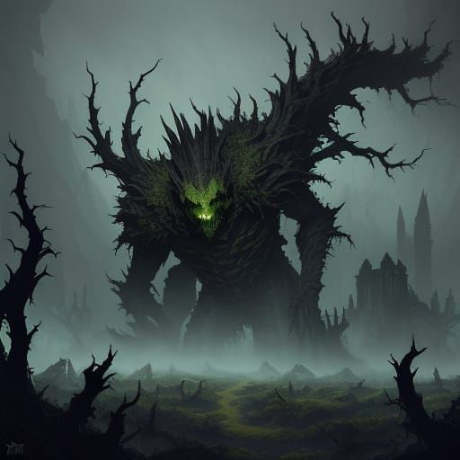 Dark Fantasy Plant Monster in Jagged Thorned Landscape
