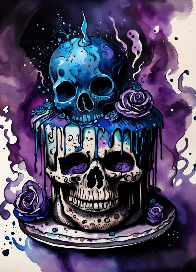 Fantasy Goth Cake with Skull, Watercolor Painting