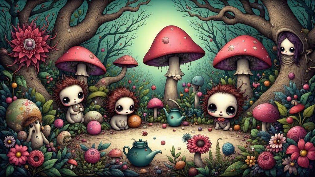 <lora:Ultra Cute Flux:1.0> A grimdark kawaii tea party, set ...