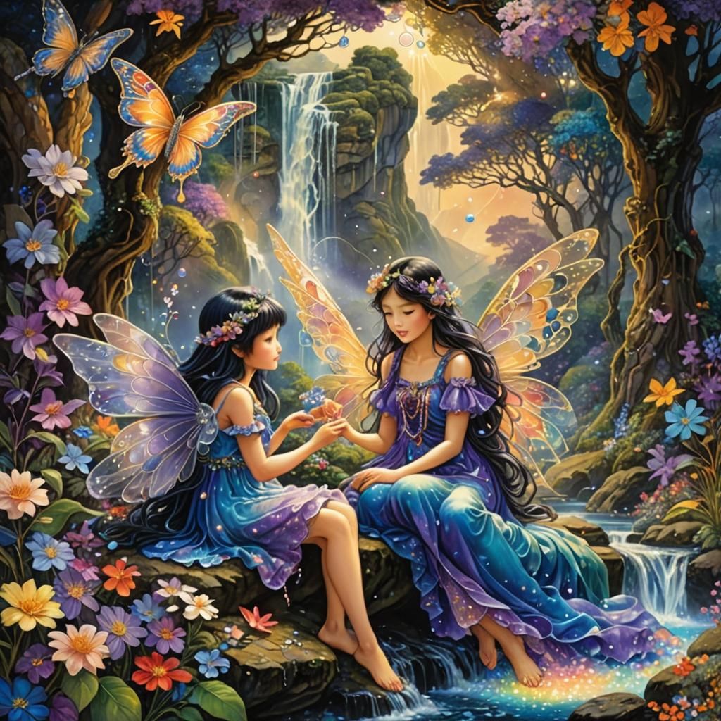 Japanese Fairies by Waterfall in Fantasy Art Style