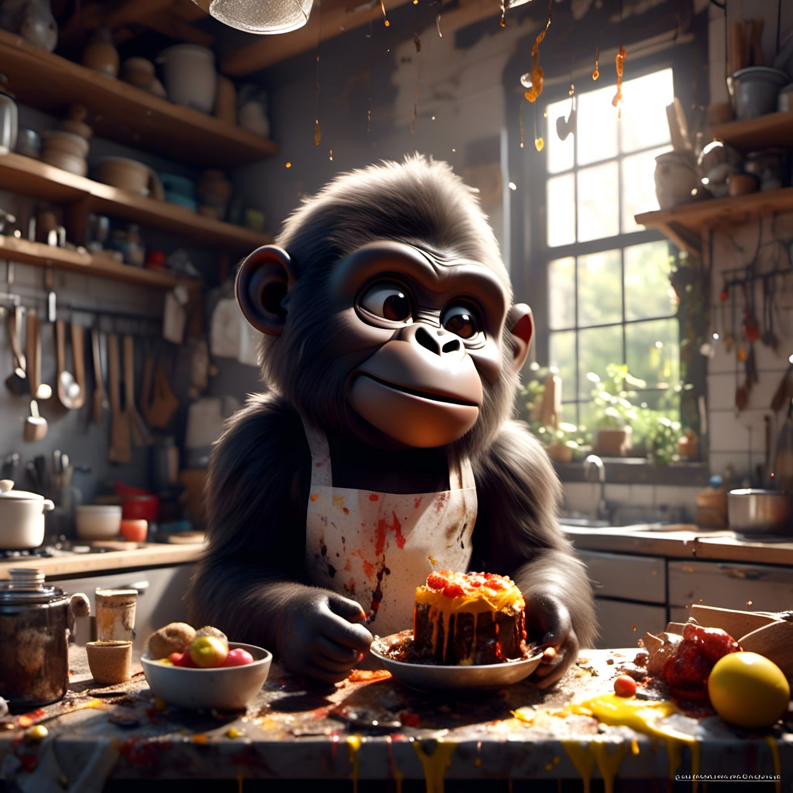 Chibi Gorilla in Apron: Detailed Anthropomorphic Portrait