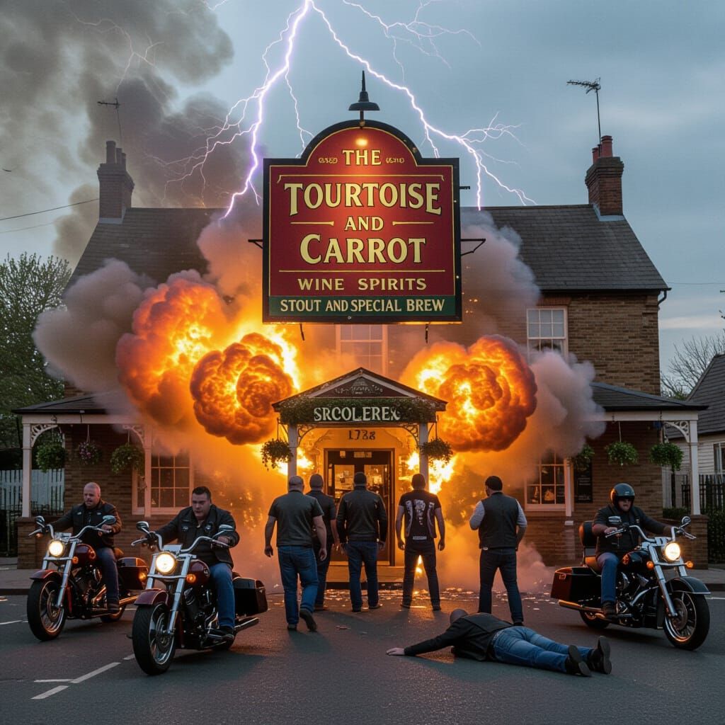 Exploding Pub Scene with Bikers