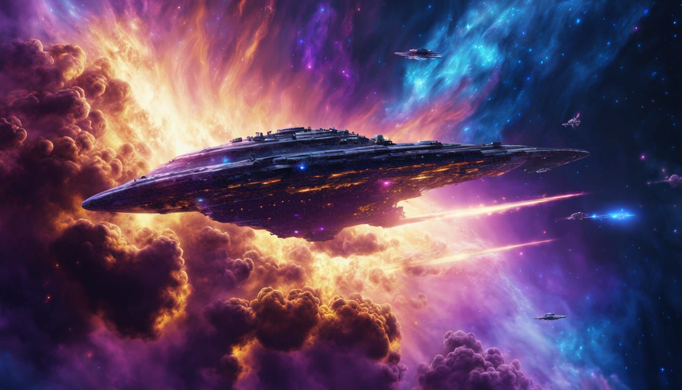 Starship Soars Through Nebula in Digital Painting Style