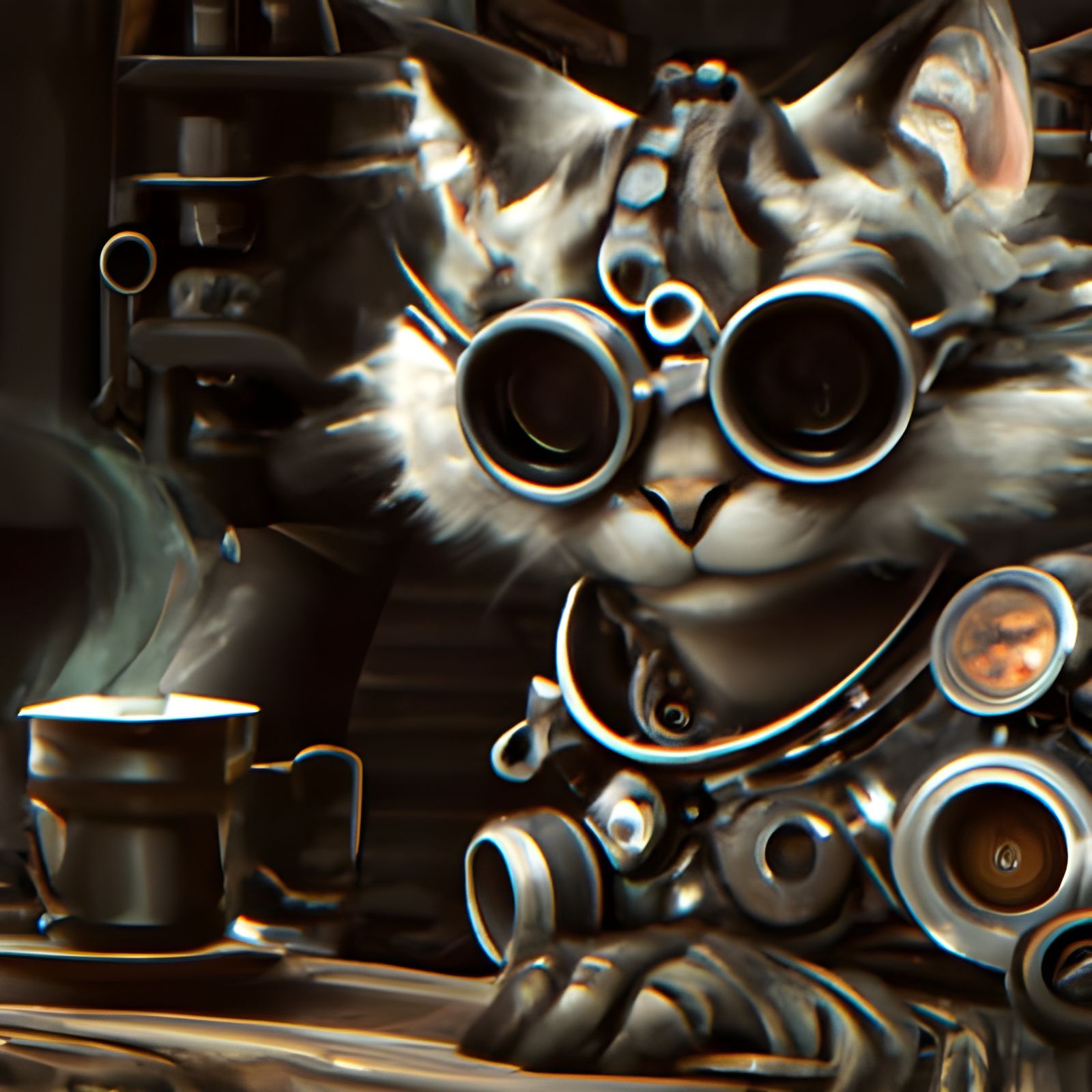 Steampunk Cat with Coffee in Art Nouveau Style
