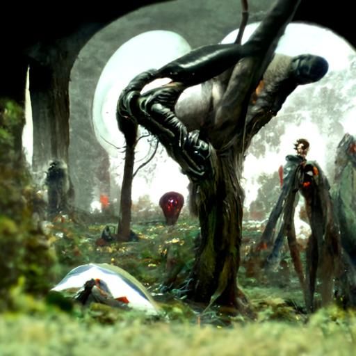 Surreal Man Emerges in Dystopian Orchard