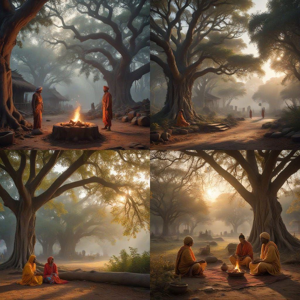 Traditional Indian Village Life Under an Ancient Banyan Tree