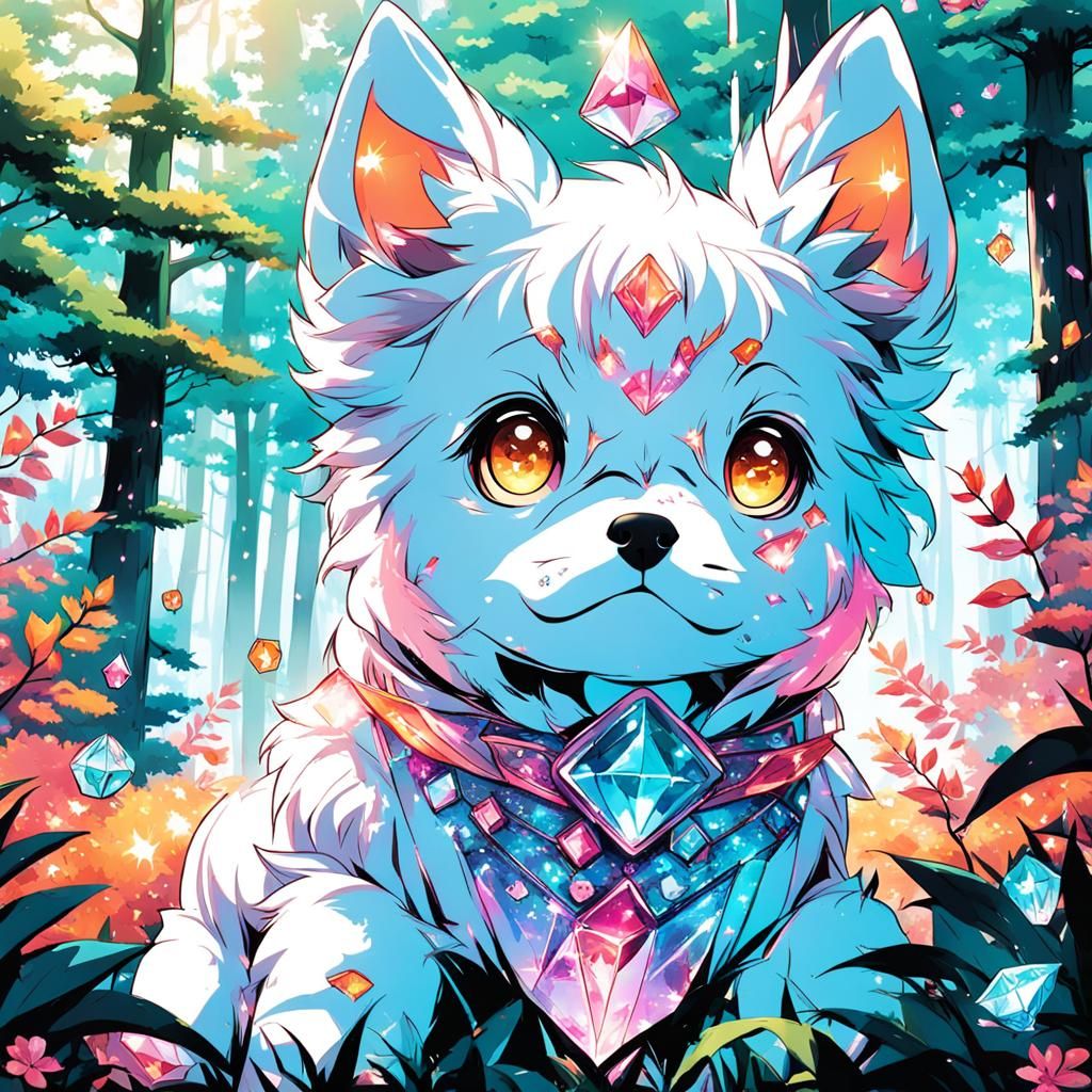 Puppy in Crystalline Forest: Anime-Inspired Art