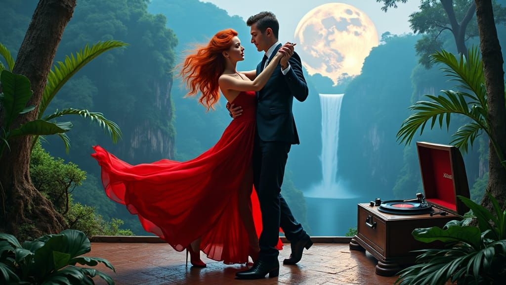 Dynamic Tango in Rainforest, Futuristic Concept Art