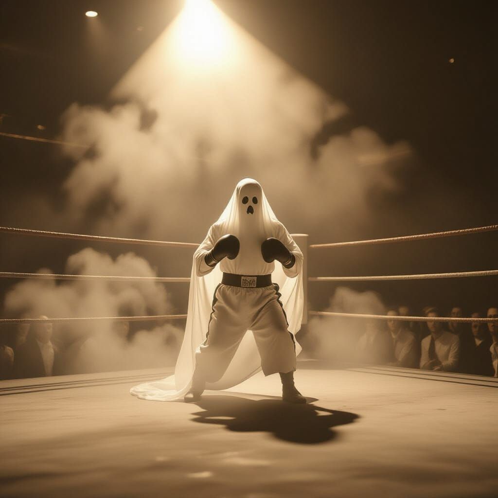 Spectral Boxer Ghost in Vintage Boxing Ring