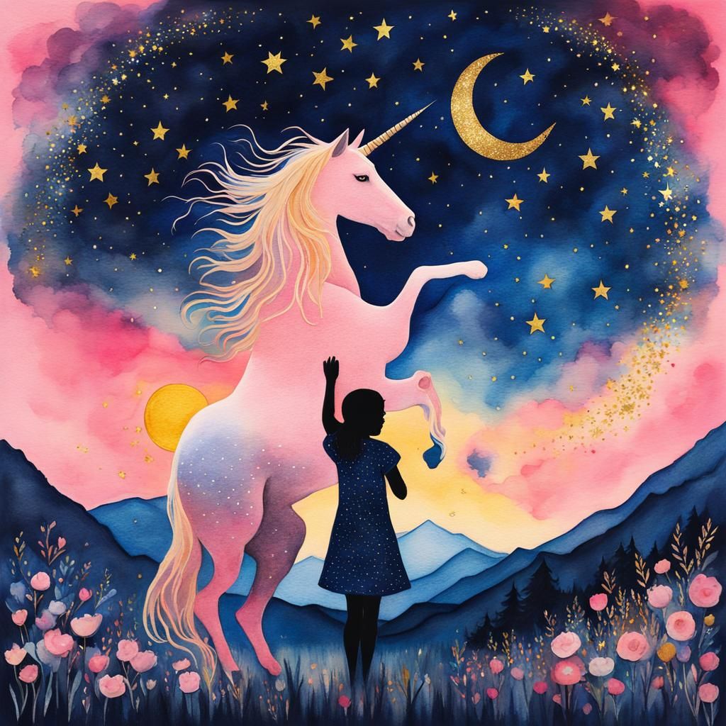 Girl and Unicorn Silhouette in Watercolor Nightscape