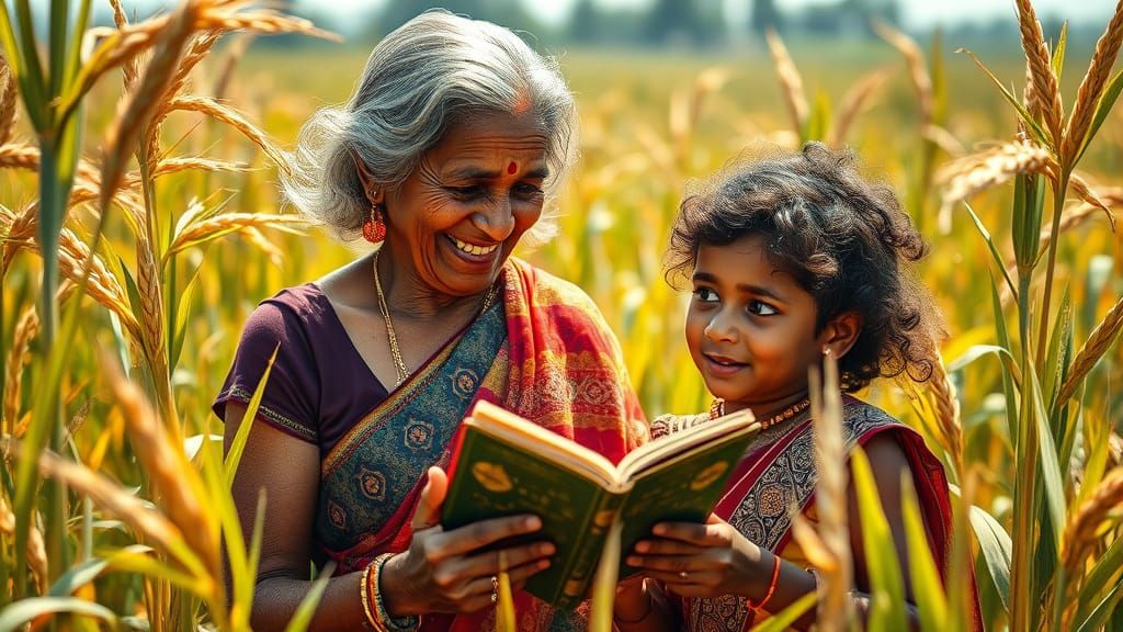 Warm Village Scene of Indian Grandmother and Granddaughter i...