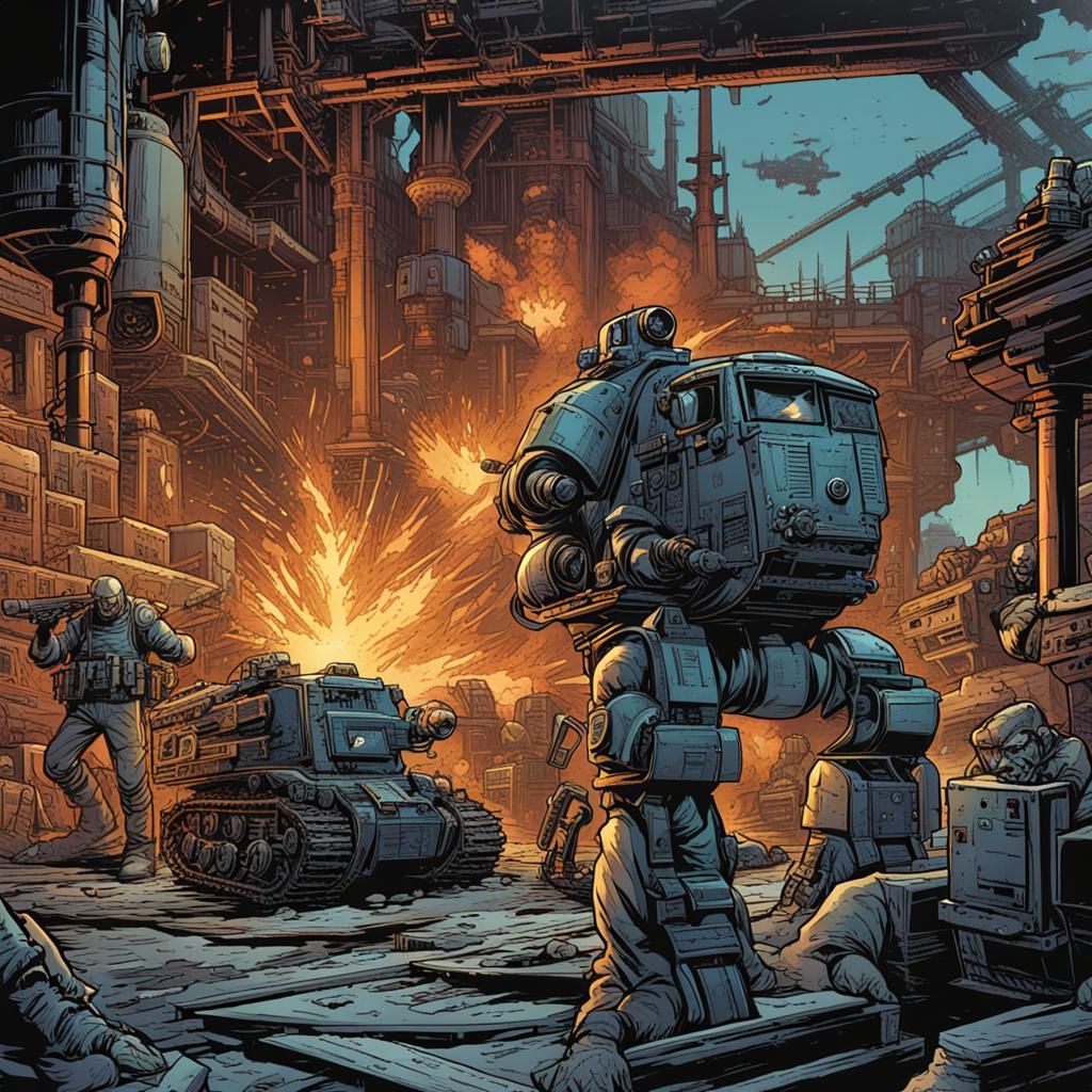 Industrial War Scene in Comic Book Style