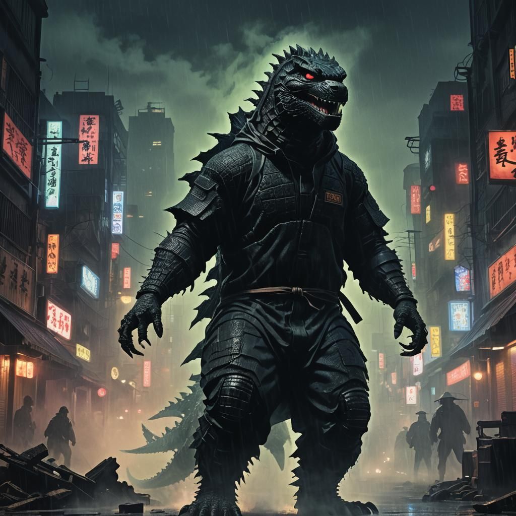 Godzilla as Ninja in Ruined City, Ukiyo-e Style
