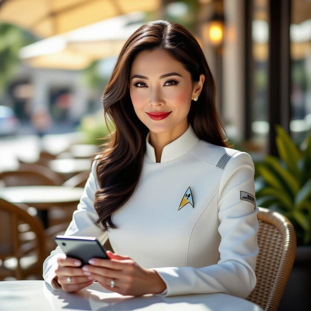 Elegant Asian Woman in Starfleet Uniform at Outdoor Cafe