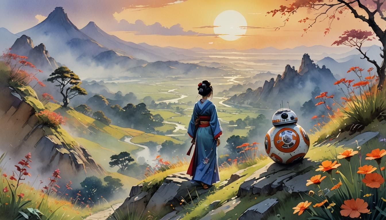 Geisha, Dinosaur, and BB-8 Robot at Sunrise