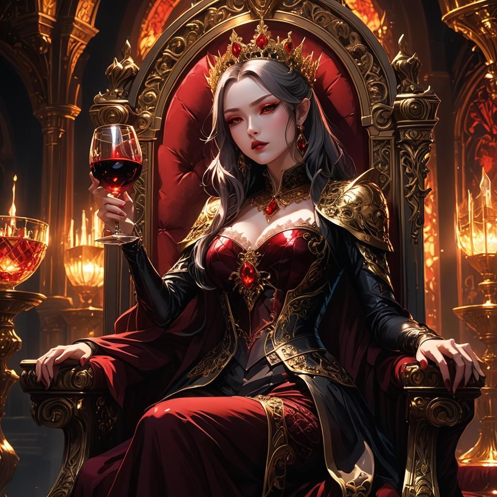 Anime Vampiress on Throne with Wine