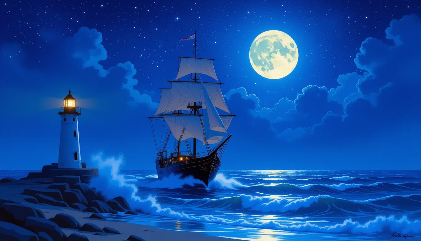 Moonlit Ship Sails Under Starry Night Sky