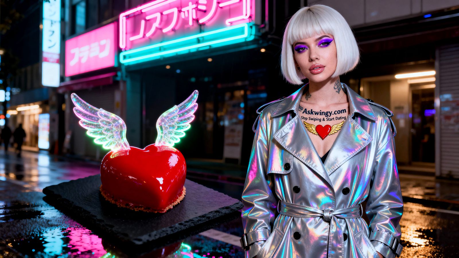 Cyberpunk Woman in Neon Shinjuku with Holographic Coat