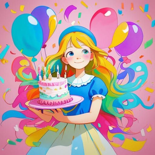 Whimsical Birthday Girl with Colorful Cake and Confetti
