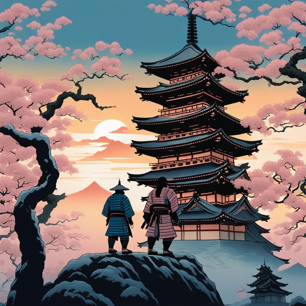 Samurai and Bigfoot at Sunset: Ukiyo-e Style