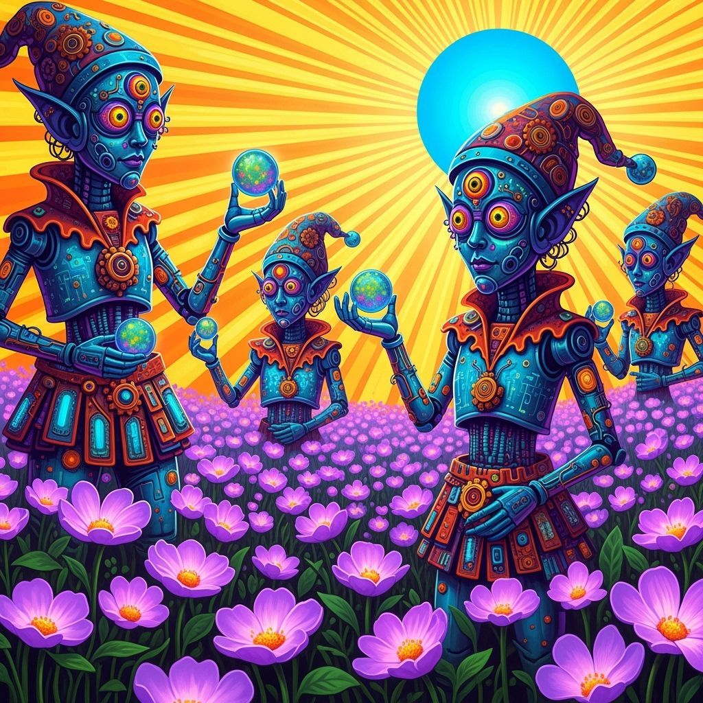Mechanical Elves in Psychedelic Mixed Media Style