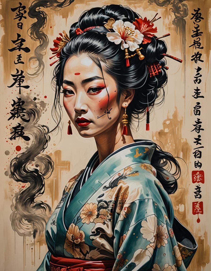 Geisha Portrait with Samurai in Ancient Chinese Style