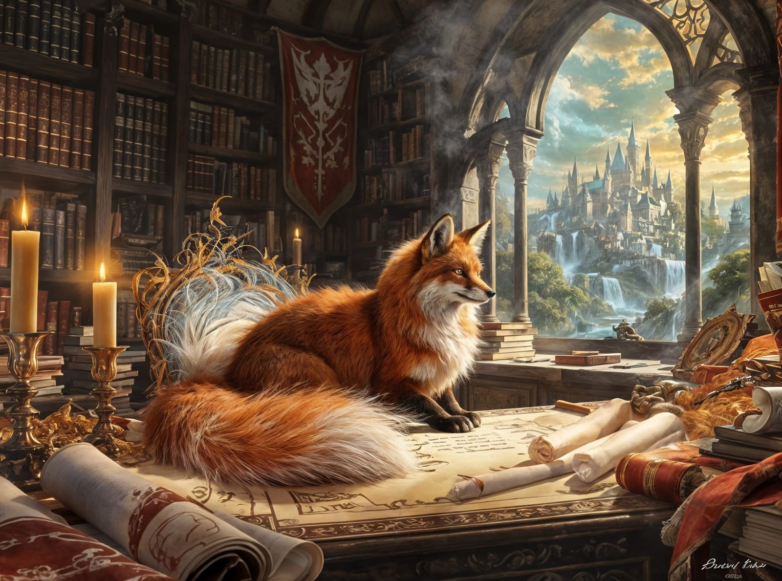 Magical Fox in Medieval Office, Fantasy Illustration