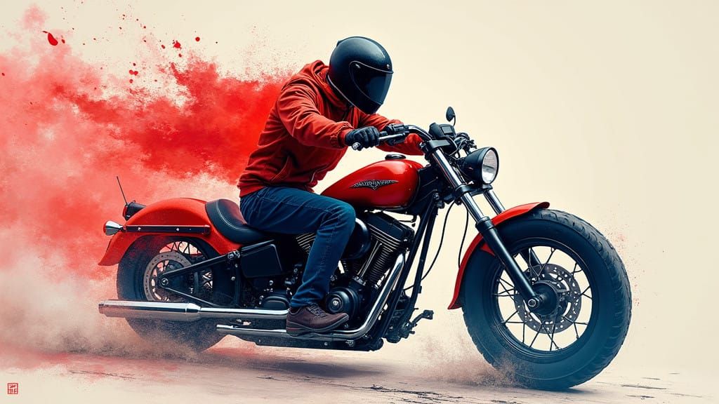 Vibrant Motorcyclist in Motion, Chinese Ink Painting