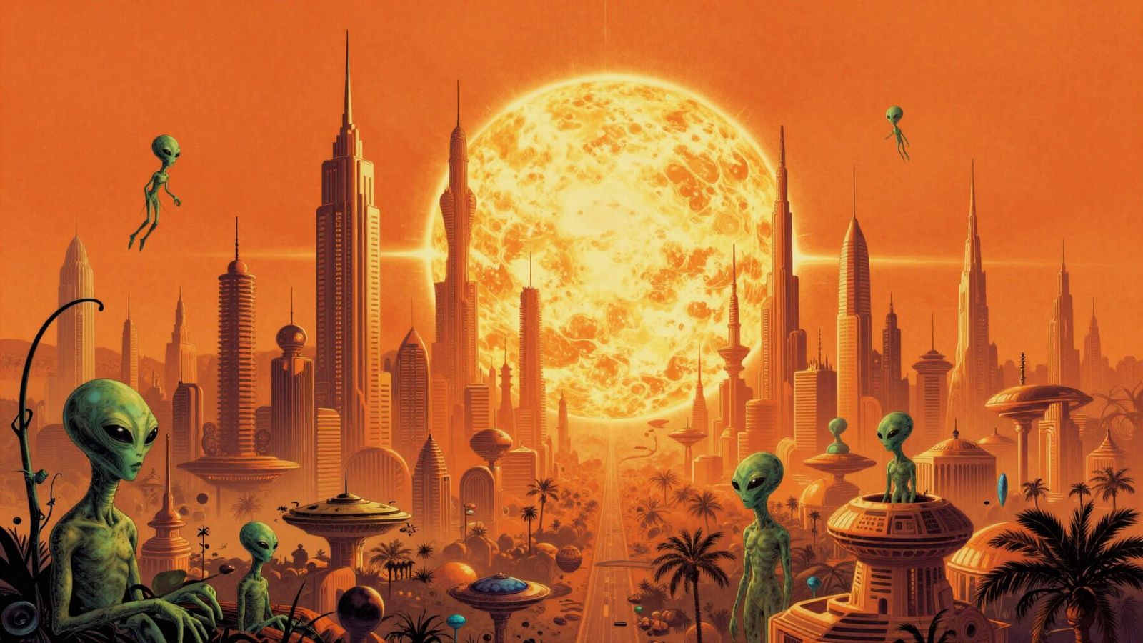 Futuristic Solar City with Aliens in Moebius Style