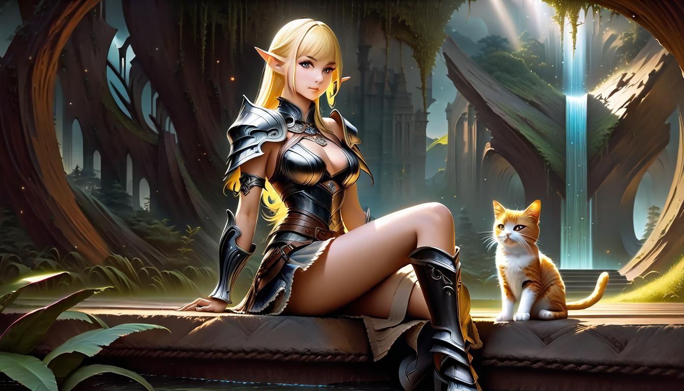 Anime Elf and Cat Girl in Dark Fantasy Style