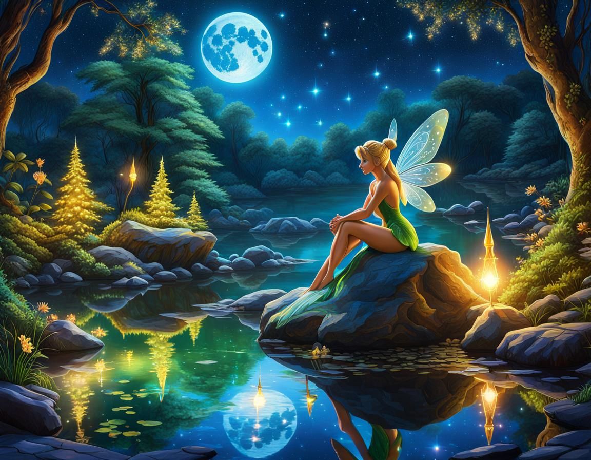 Tinkerbell in Enchanted Forest by Pond at Night