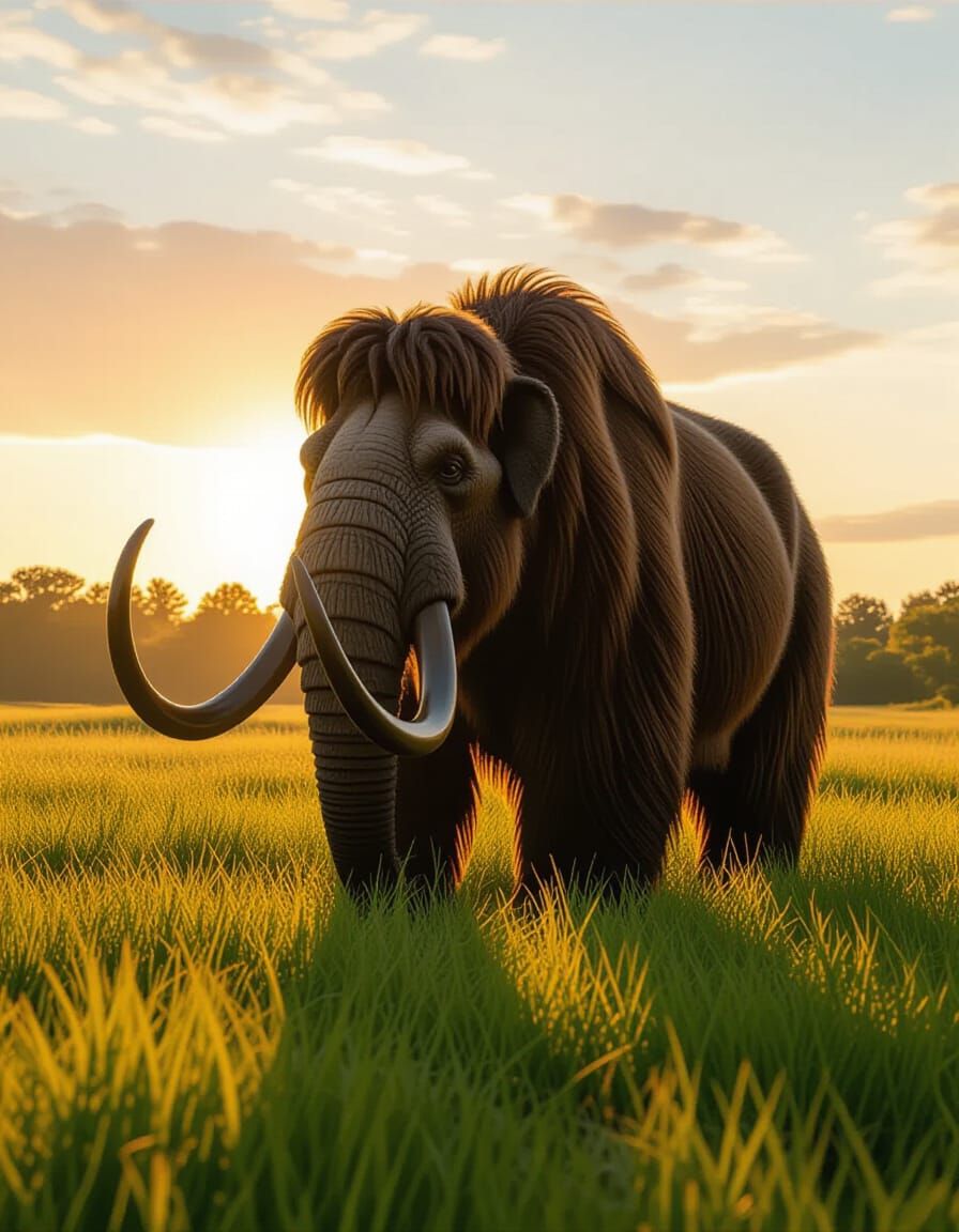 Photorealistic Woolly Mastodon in Golden Hour Field