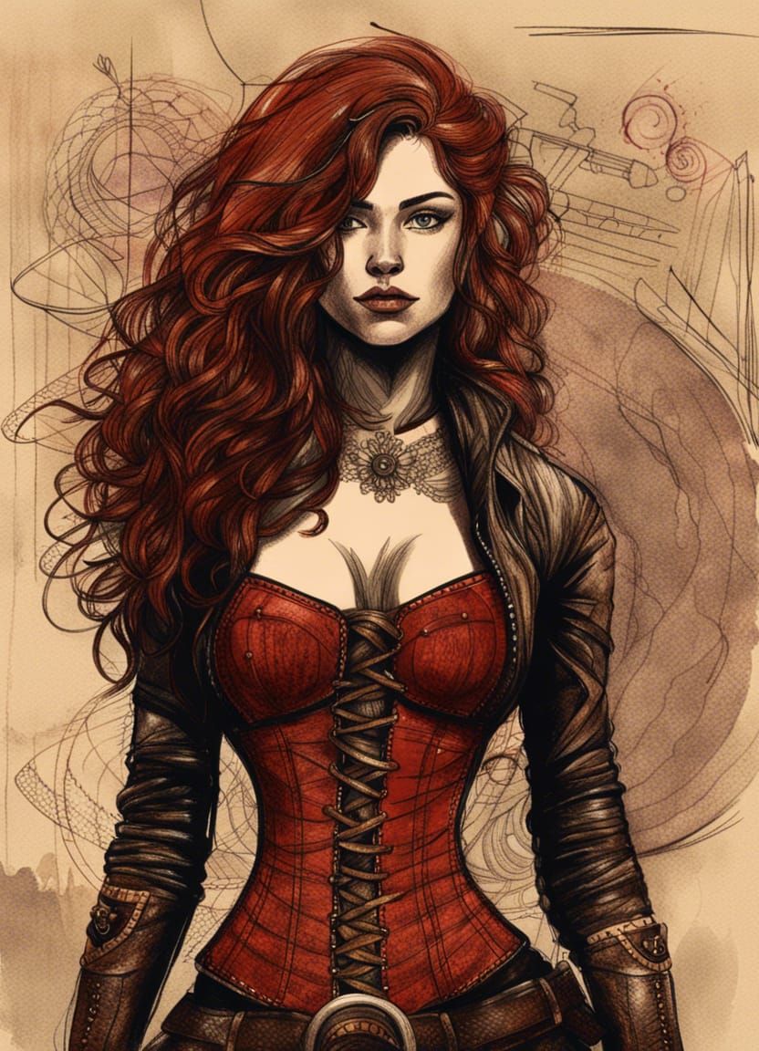 Amazon Woman in Leather Corset: Gritty Sketchbook Art