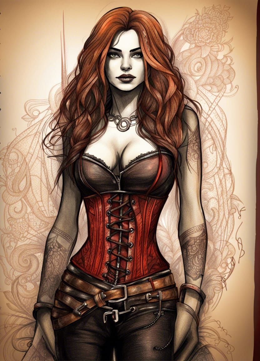 Gritty Sketch of Amazon Woman in Leather Corset