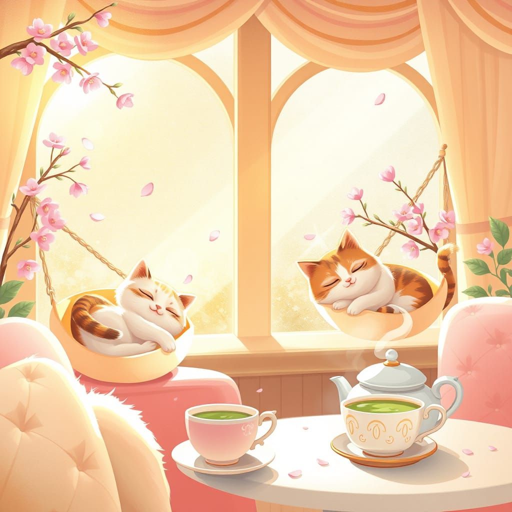 Whimsical Cat Café in Soft Pastel Hues with Cherry Blossoms