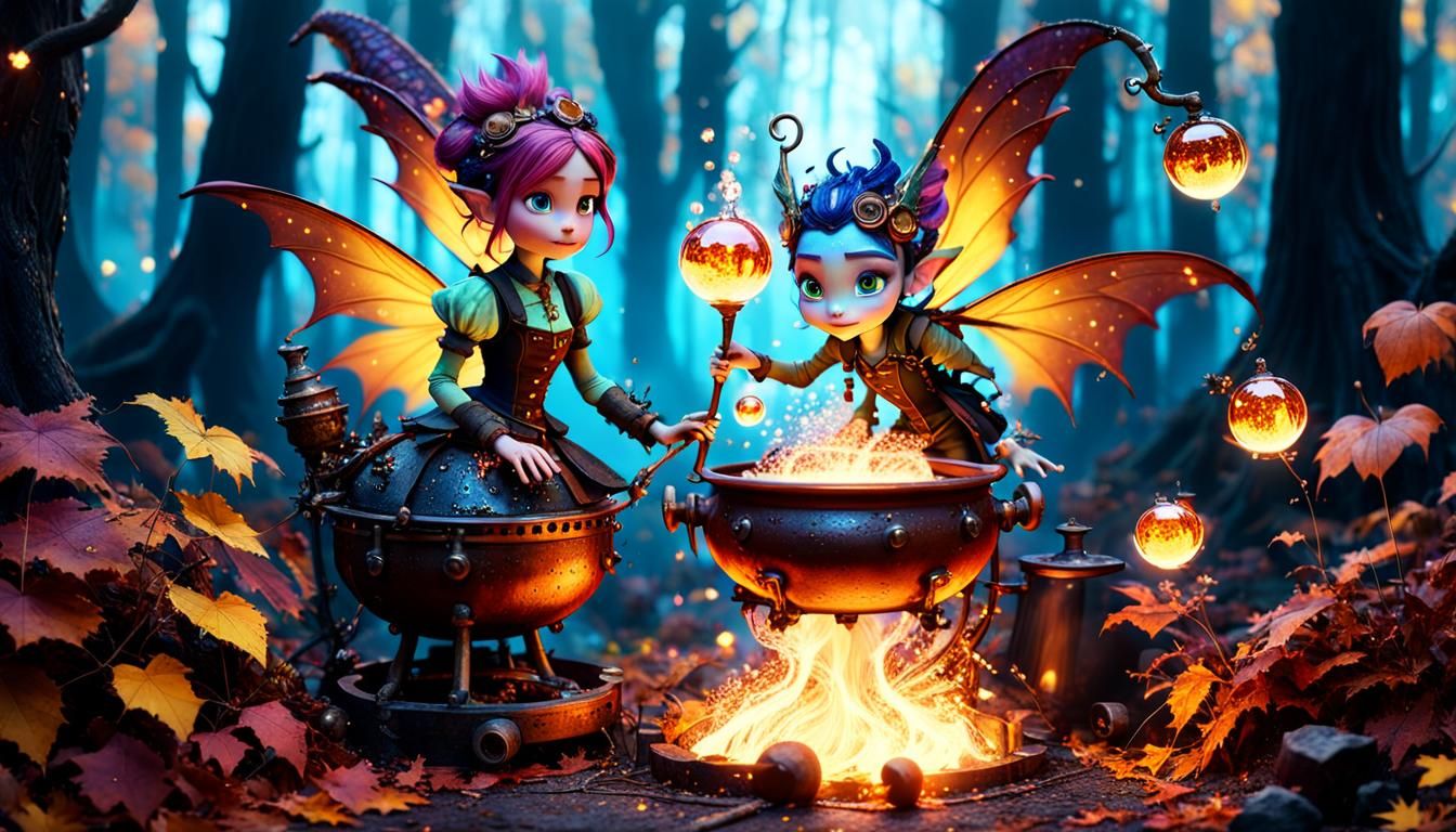 Steampunk Fairy Works Magic in Autumn Forest