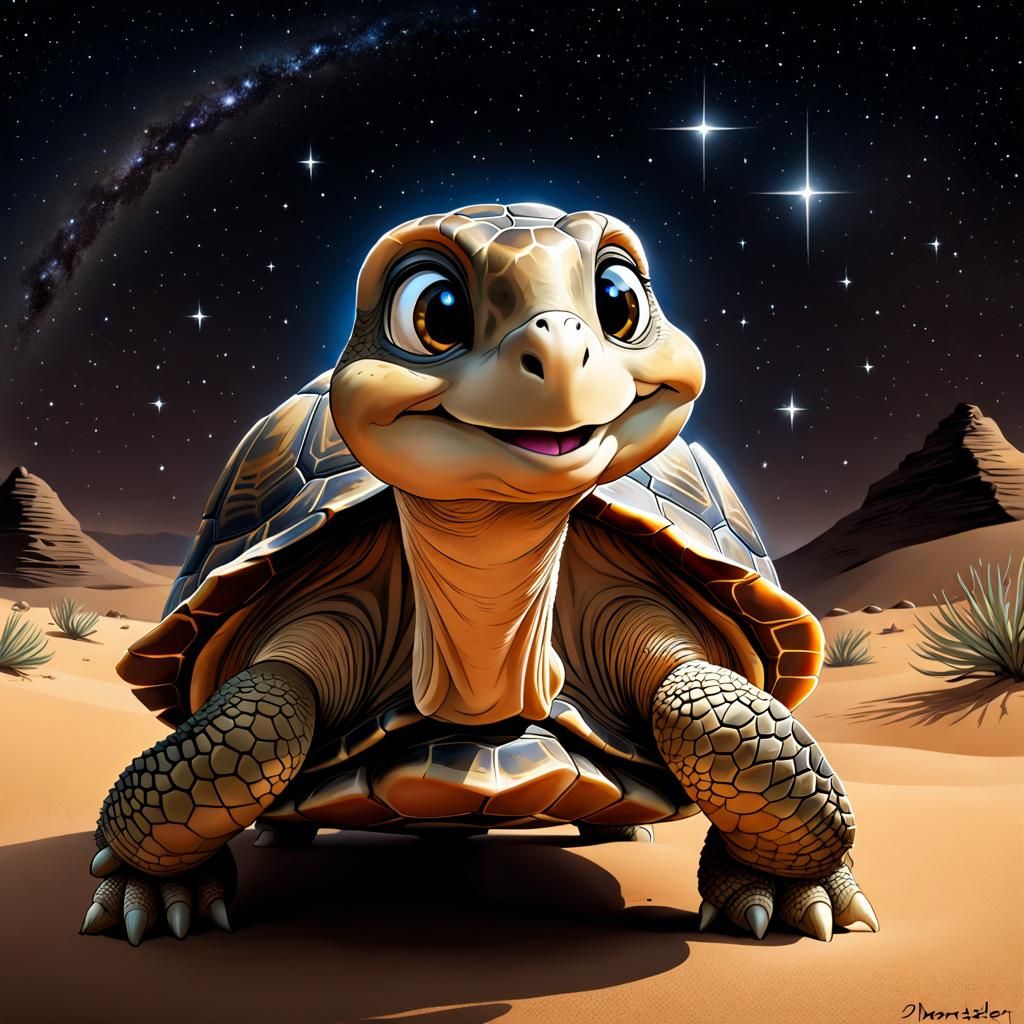 Cartoon Tortoise Caricature in Starry Desert