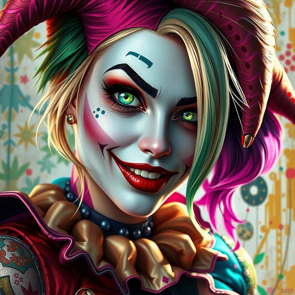 Hyperrealistic Harley Quinn Portrait with Green Eye