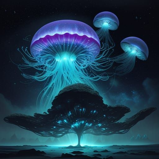 Bioluminescent Jellyfish Drifting Through Alien Skies