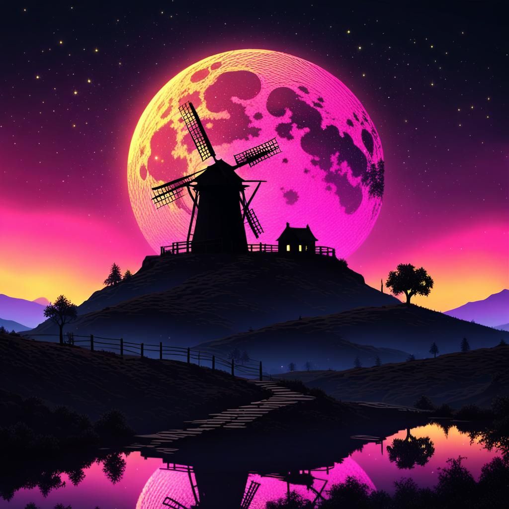 Majestic Windmill Silhouette Against a Neon Sunset