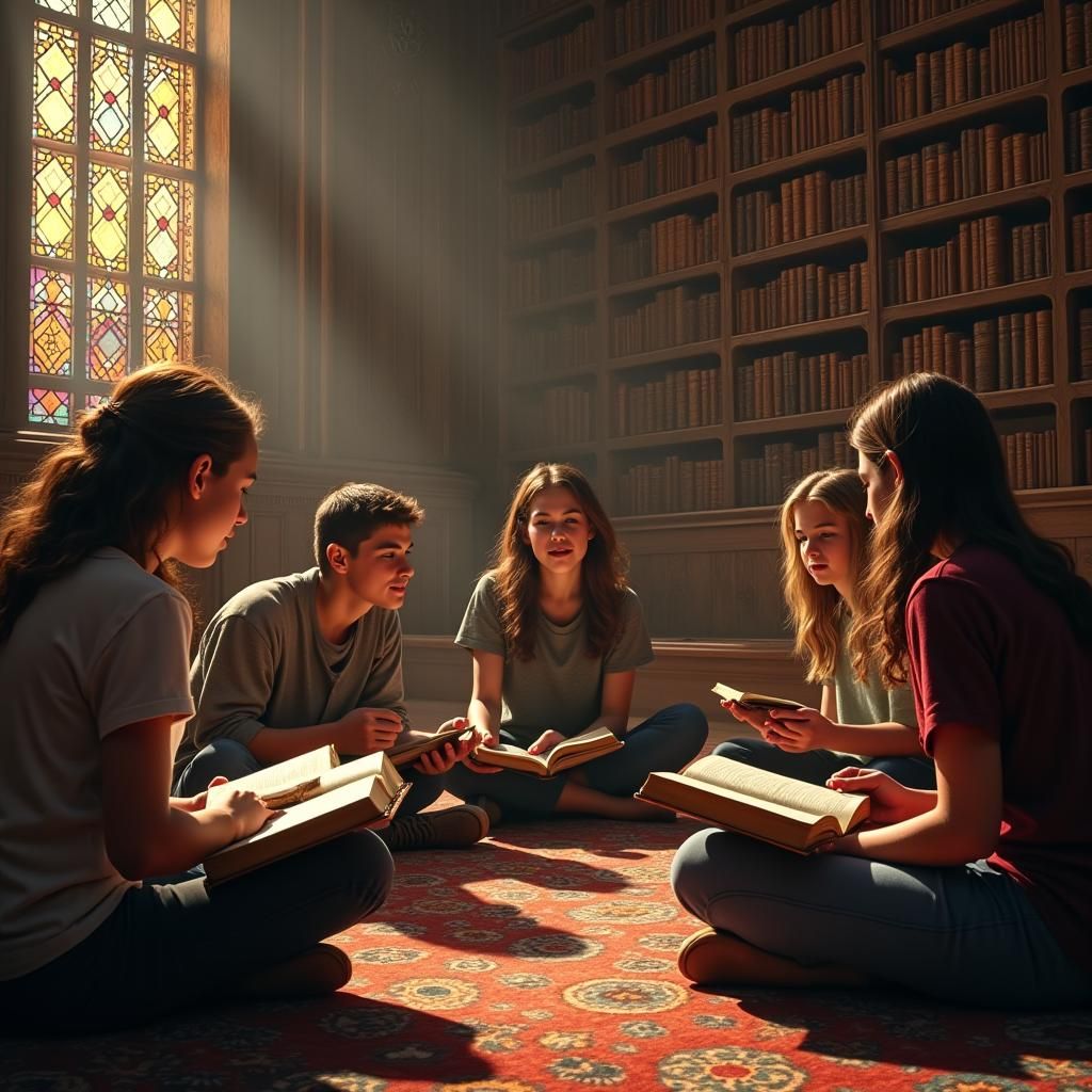 Teenagers' Bible Study in Golden Lit Library