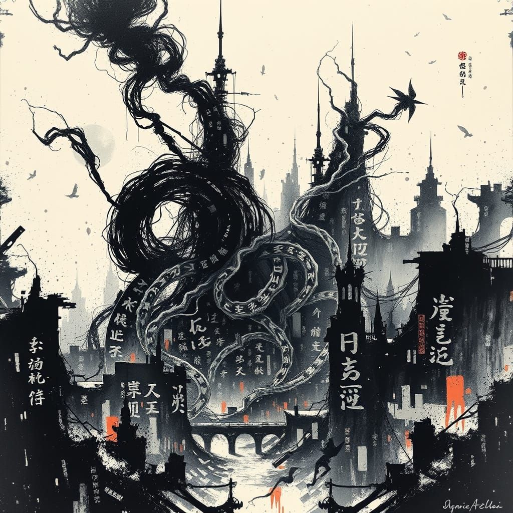 Dystopian Cityscape in Calligraphy Ink