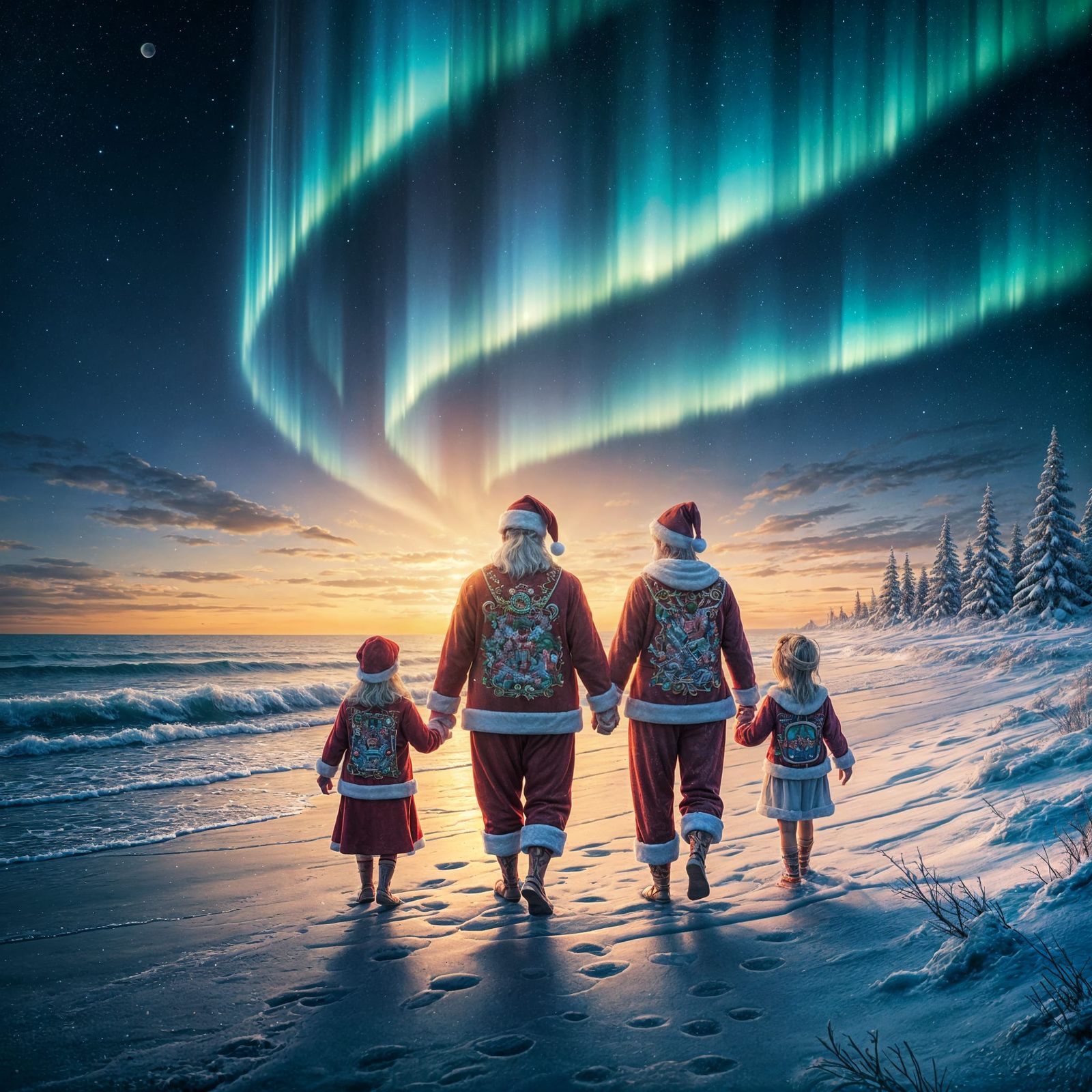 Santa's Winter Beach Holiday in Vibrant, Swirling Colors