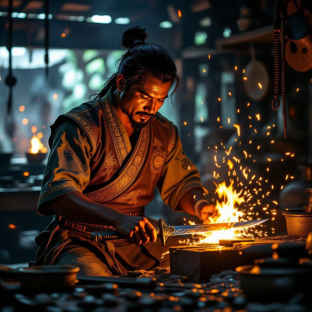 Malay Sword Smith Forging Keris in Fiery Workshop
