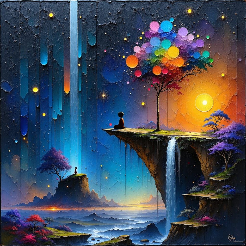 Boy with Balloon on Cliff Edge Above Starry Void