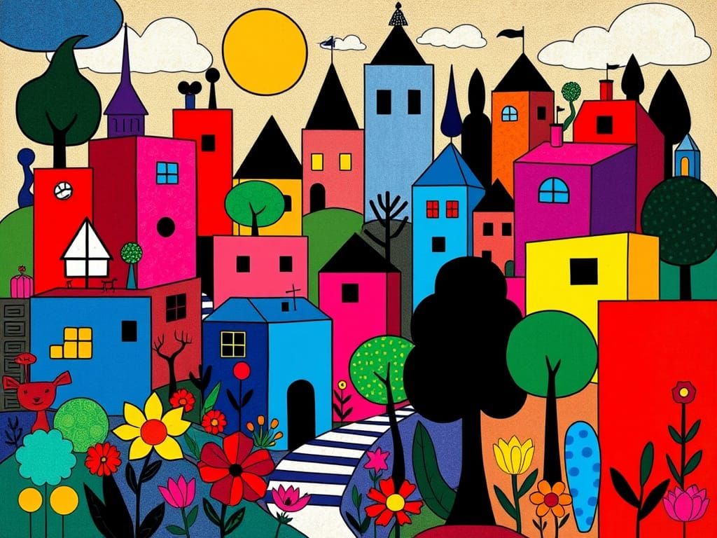 Vibrant Cubist Cityscape in Bright, Clashing Colors