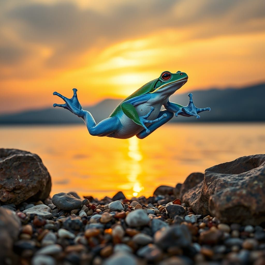 Surreal Blue Frog in National Geographic-Inspired Dusk Scene