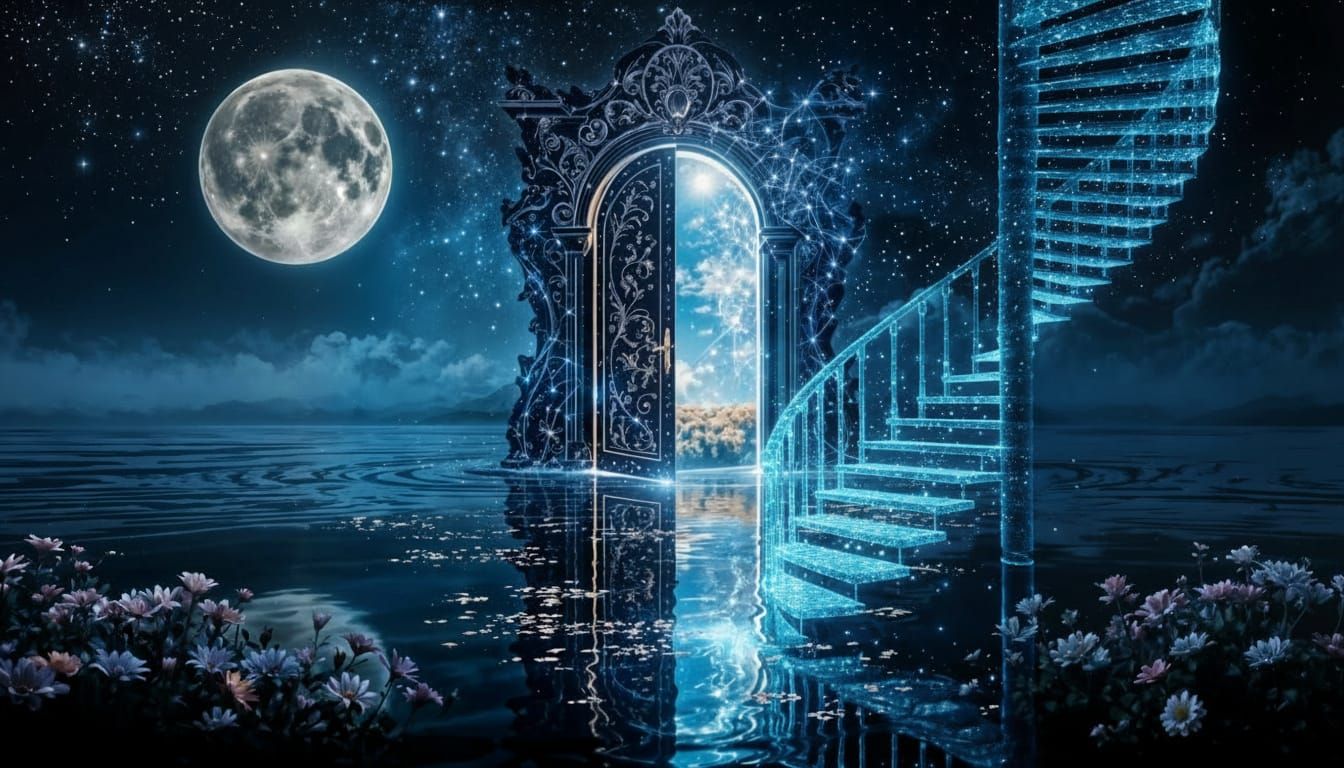 Mysterious Door Appears Under Full Moon Over Ocean