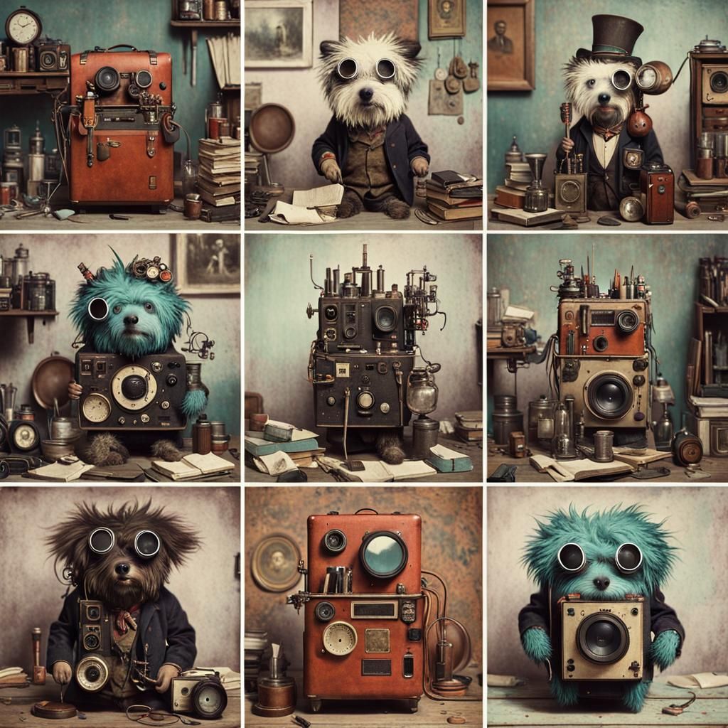 Kawaii Monster Posing in Steampunk Room, Digital Circlism