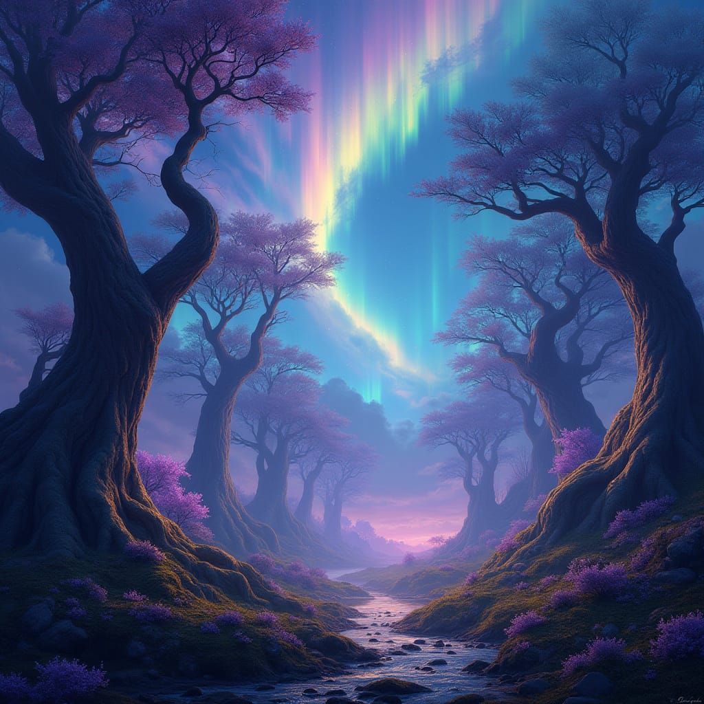 Mystical Fantasy Landscape with Swirling Aurora